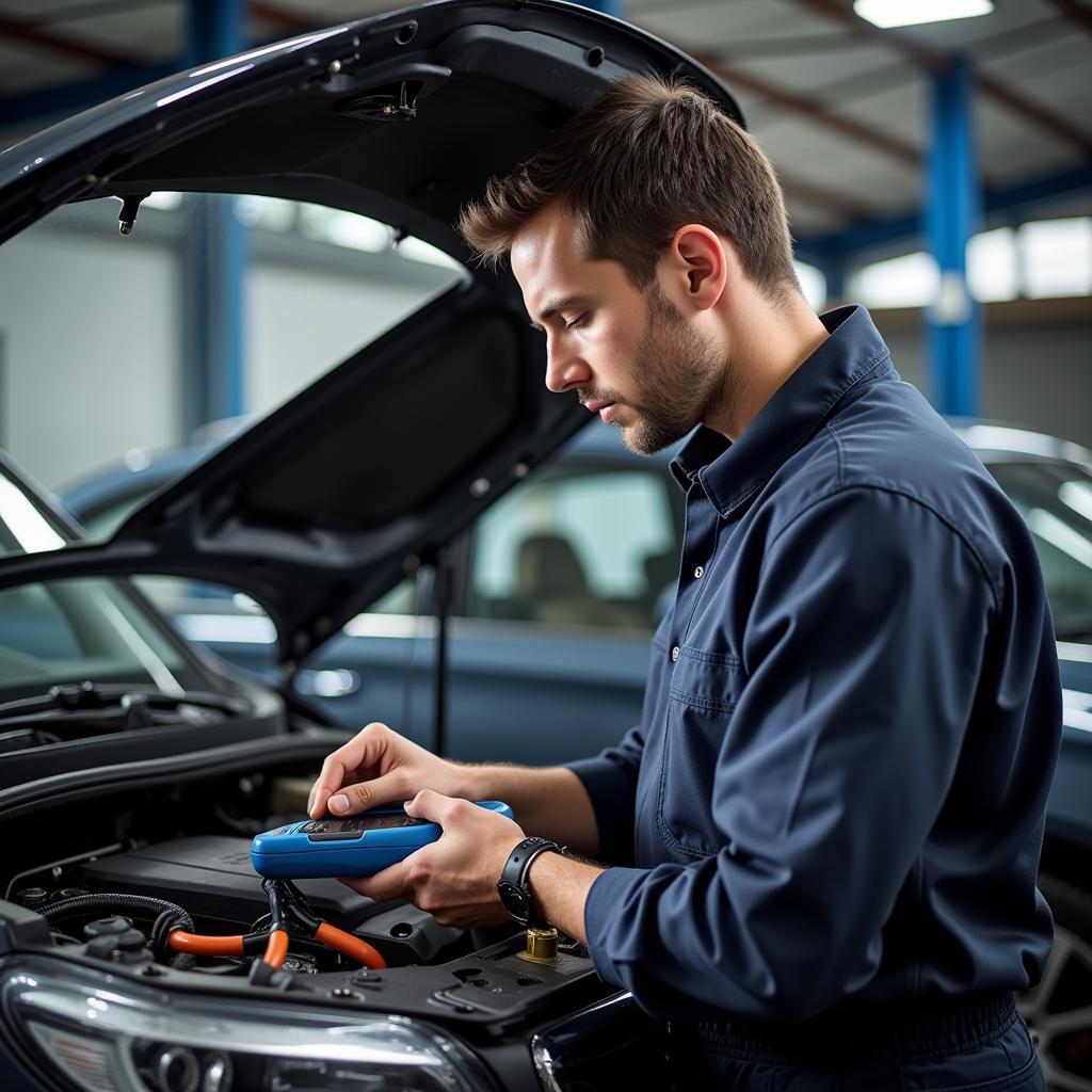 Mechanic using advanced diagnostic tools in a car repair shop