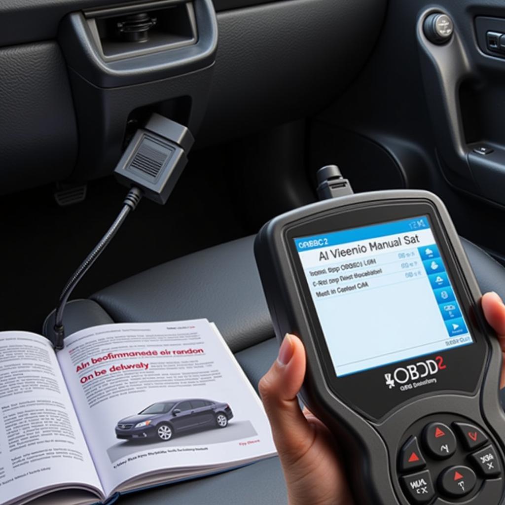 OBD2 scanner plugged into a car's OBD2 port with the user manual open beside it