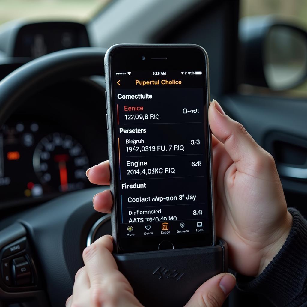 Smartphone displaying OBD2 diagnostic data from a Bluetooth scanner