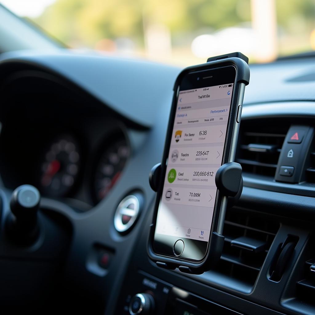 Smartphone displaying OBD2 sensor codes app connected to a car's OBD2 port