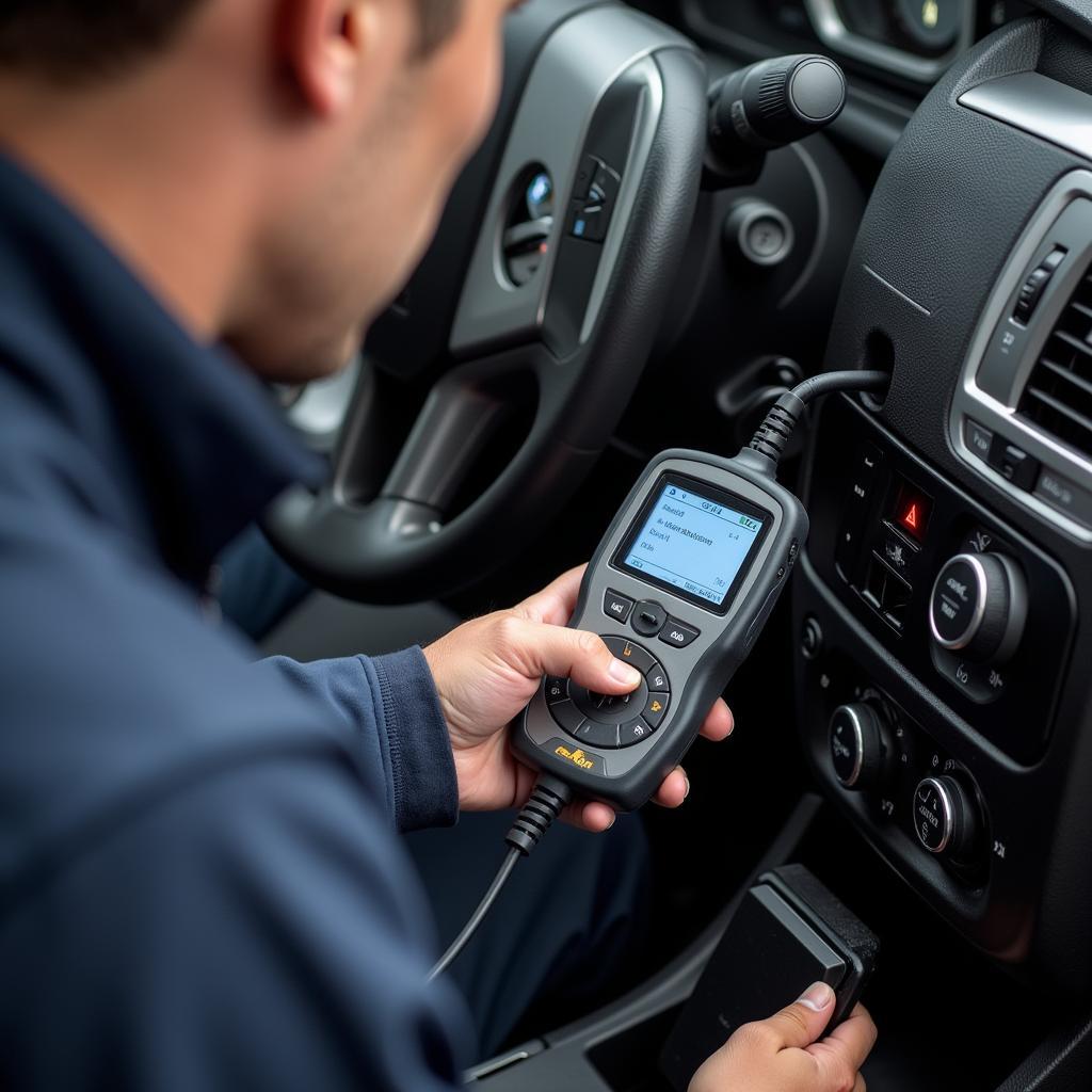 Mechanic Using an OBD2 Scanner on a Chevrolet Engine