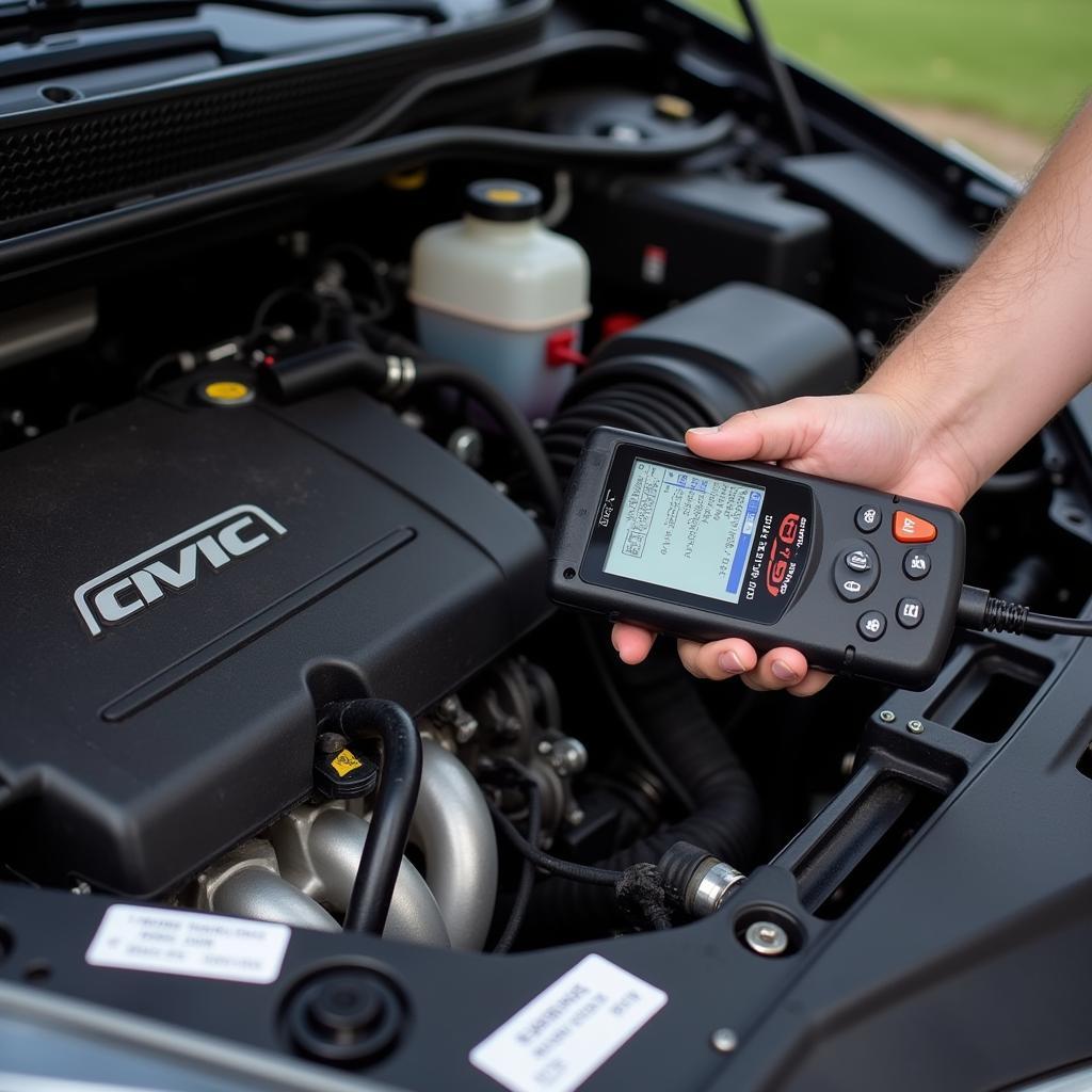 OBD2 scanner connected to a Civic's engine bay