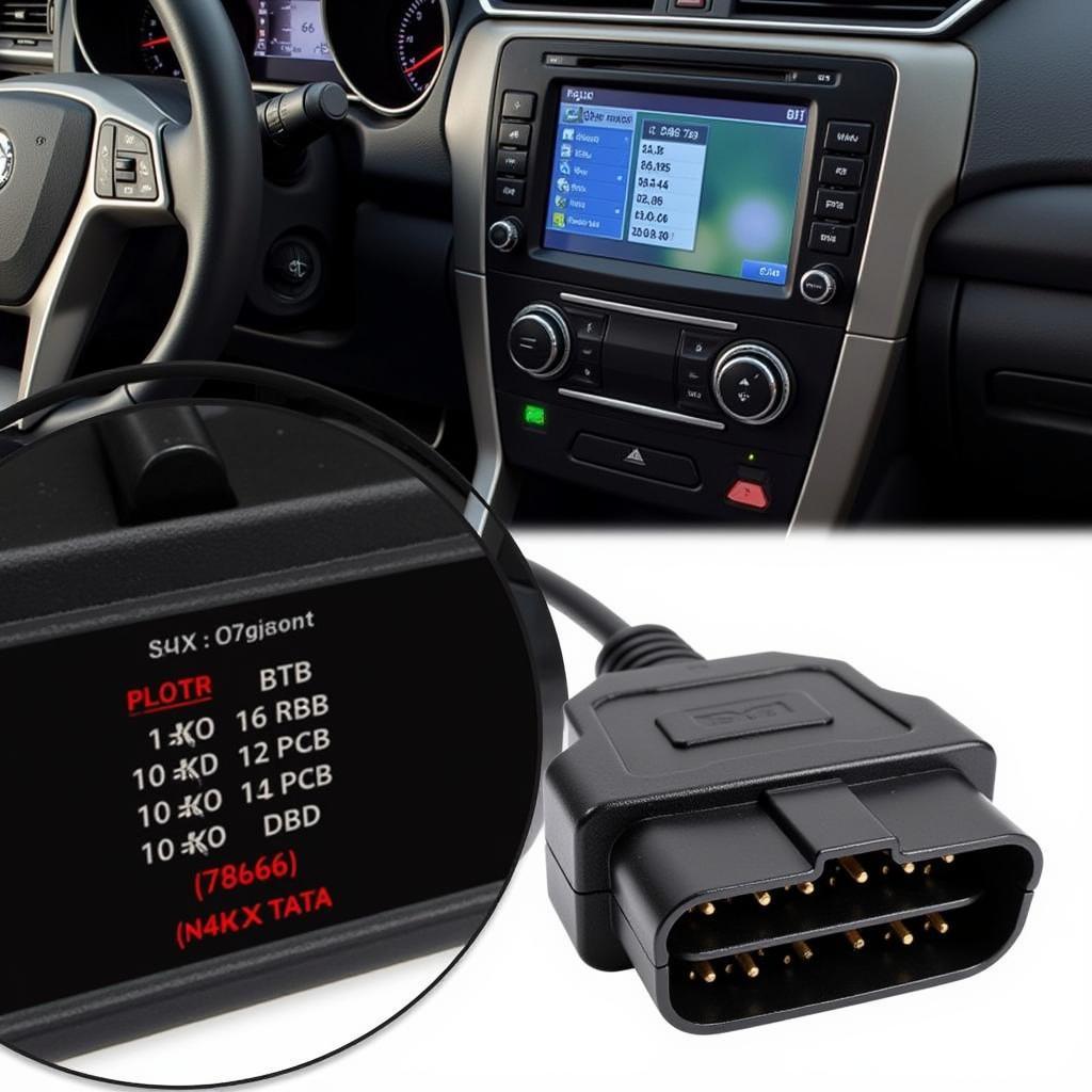 An OBD2 scanner connected to the 16-pin ISO 9141-2 connector of a car, displaying diagnostic information on its screen.