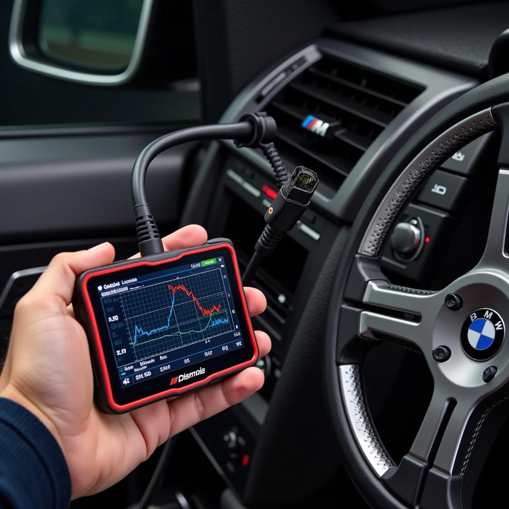 An OBD2 scanner plugged into a BMW M3's port, displaying engine data on its screen.