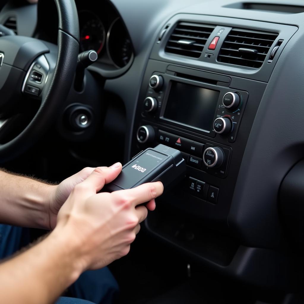 Mechanic connecting an OBD2 scanner to a car