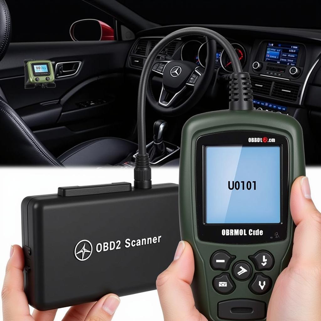 OBD2 scanner connected to a car's diagnostic port