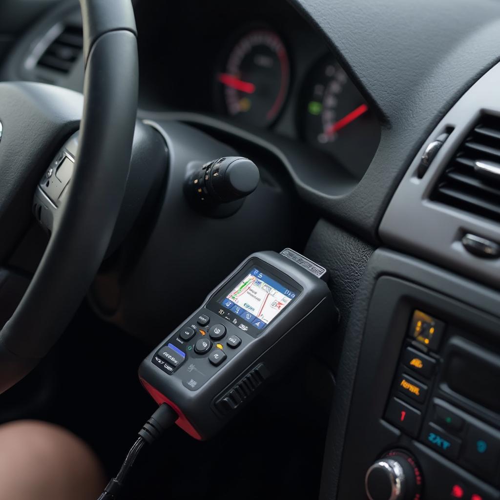 OBD2 scanner connected to a car's diagnostic port