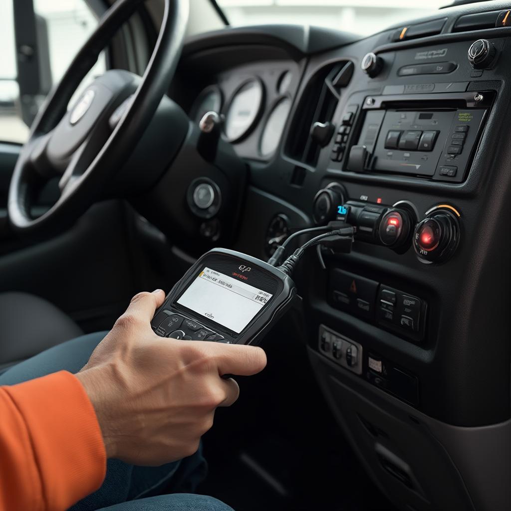 OBD2 Scanner Connected to Freightliner Cascadia