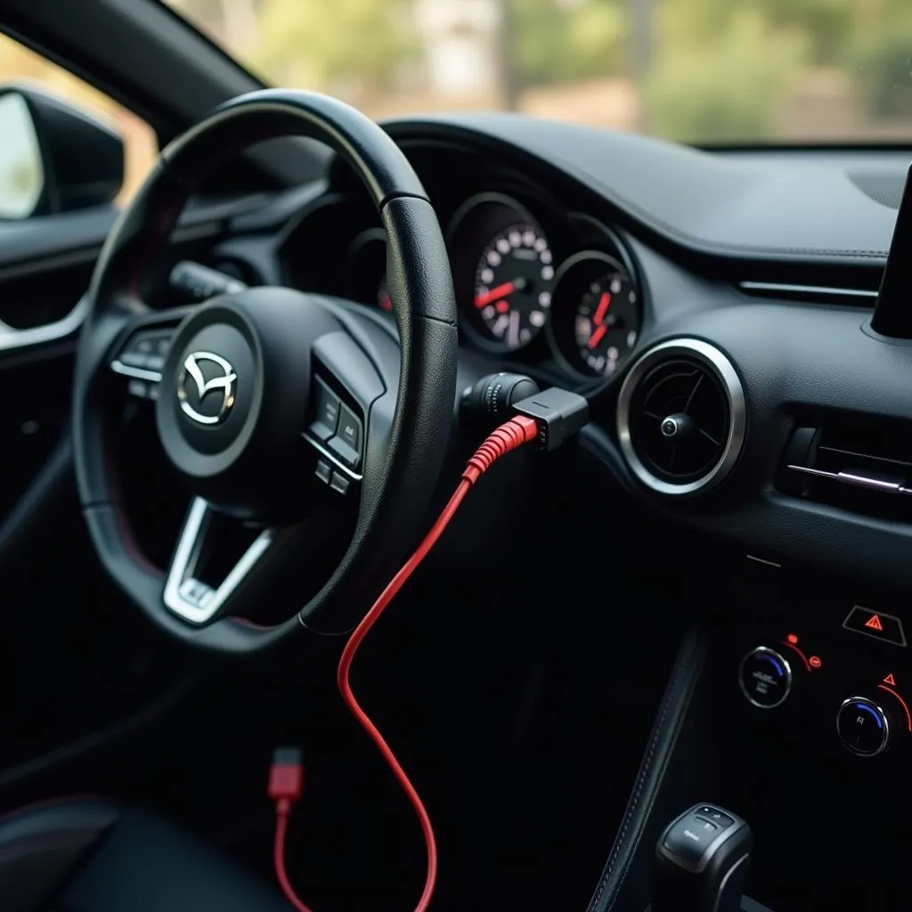 OBD2 scanner plugged into a Mazda dashboard port.