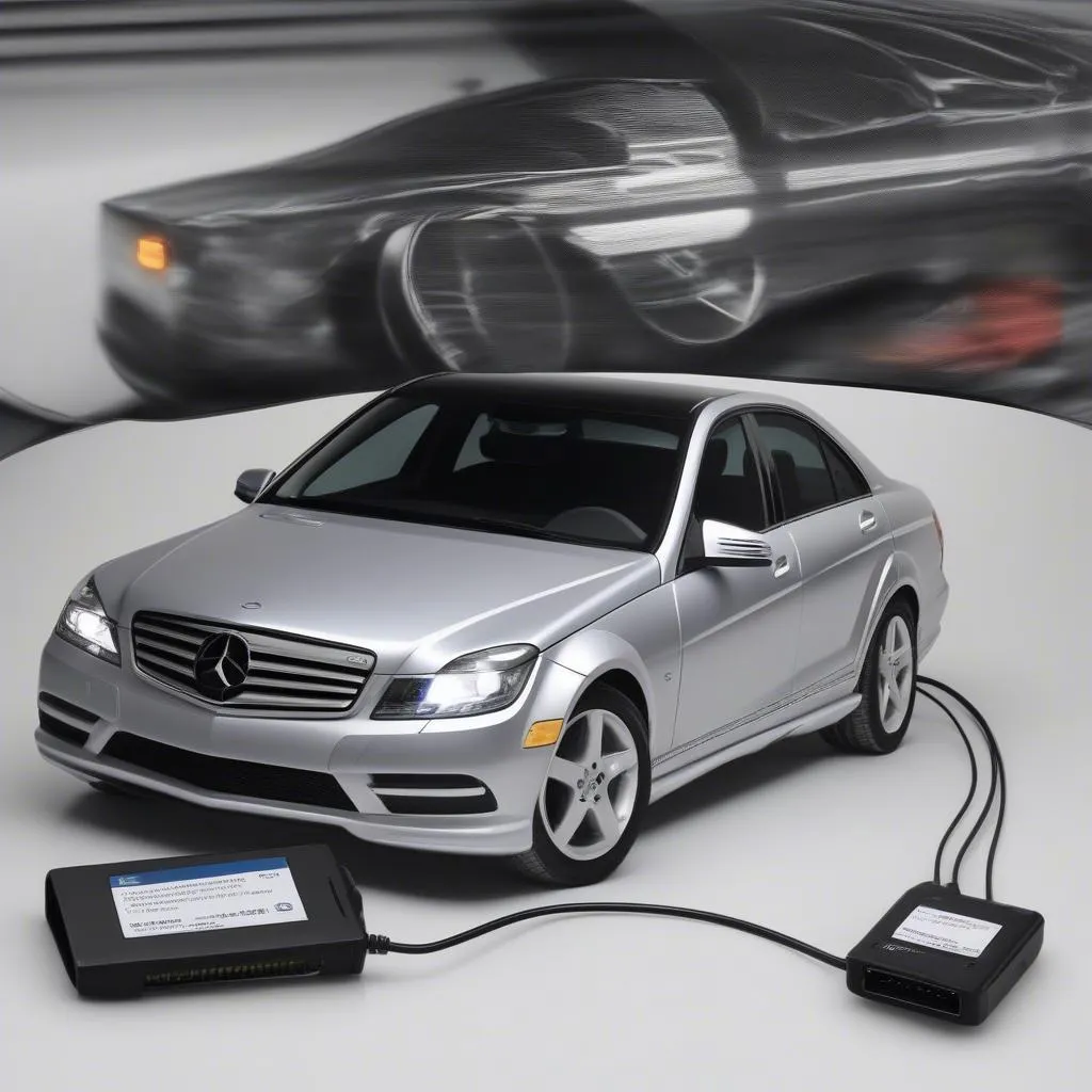 An OBD2 scanner plugged into the OBD2 port of a Mercedes W204 car.