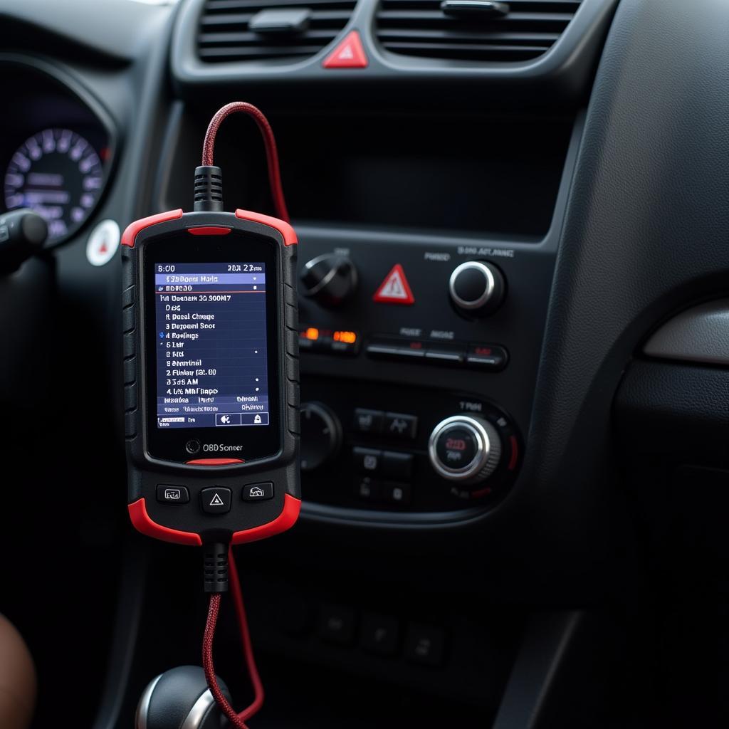 OBD2 scanner plugged into a car's dashboard