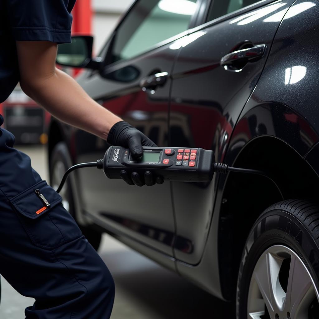 mechanic using obd2 scanner for diagnosis