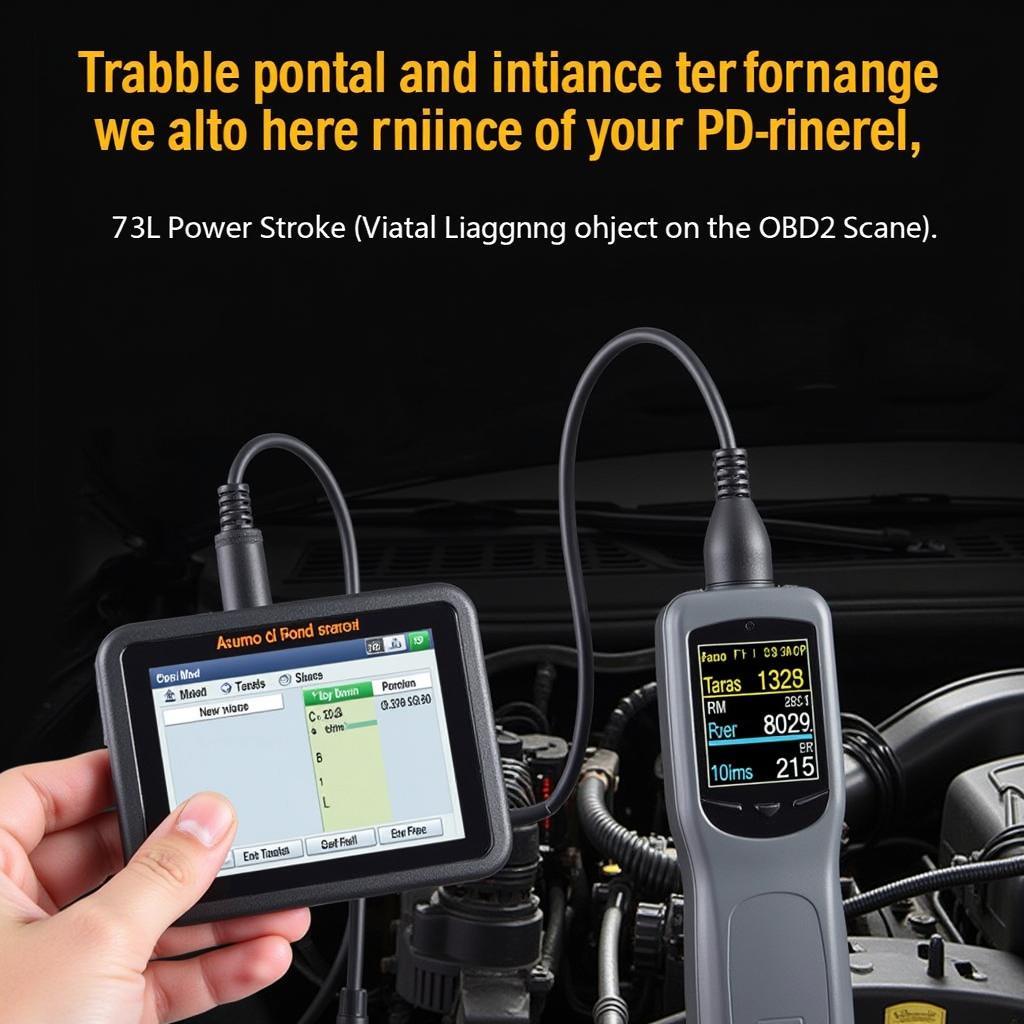 An OBD2 scanner connected to the diagnostic port of a 7.3L Power Stroke engine.