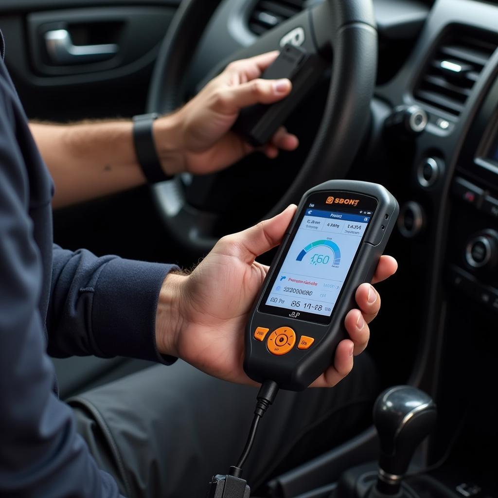 Mechanic using an OBD2 scanner to diagnose car problems