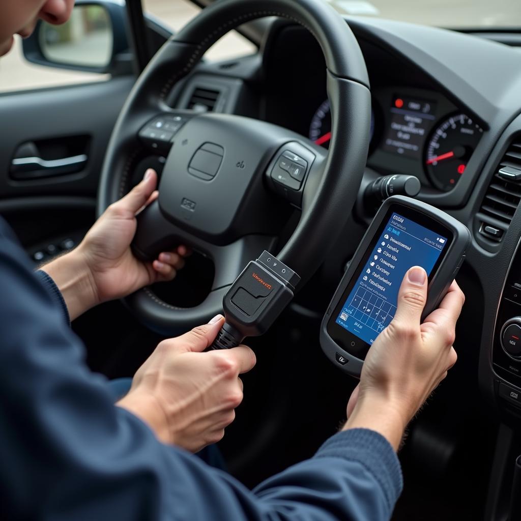 Mechanic using an OBD2 scanner to diagnose a car