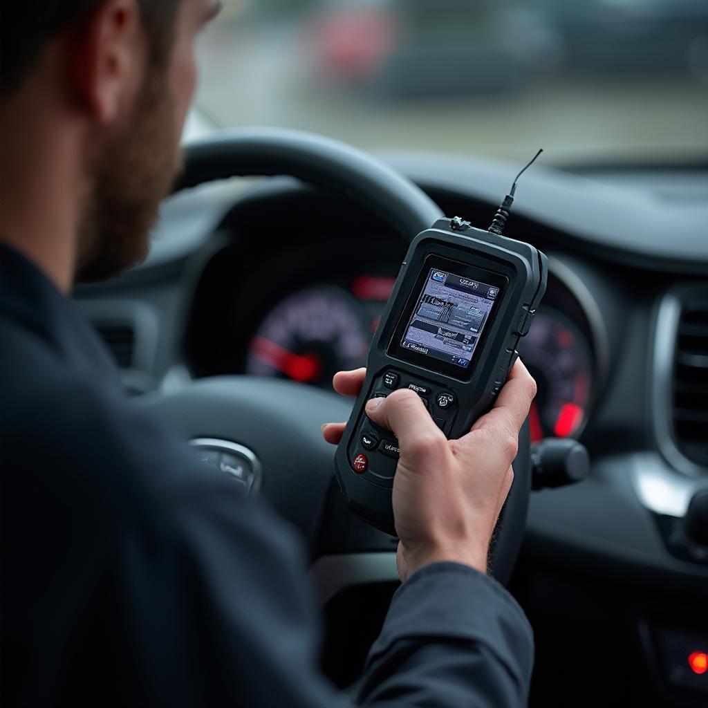 Mechanic Using OBD2 Scanner to Diagnose Engine Light