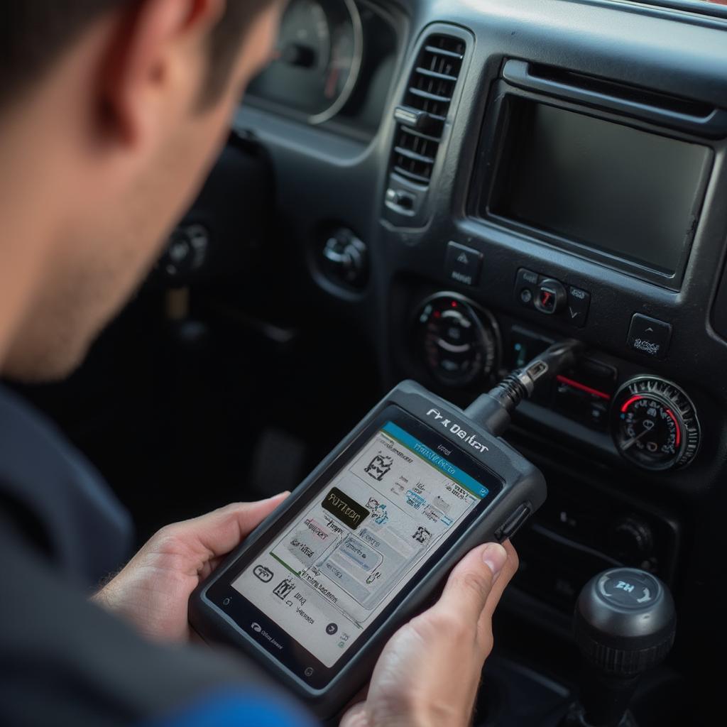 Mechanic using an OBD2 scanner on a Jeep