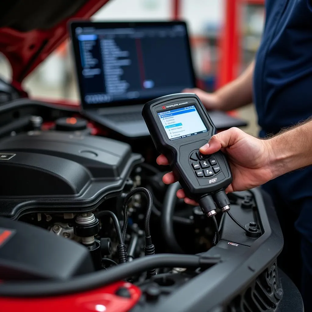 Mechanic Using OBD2 Scanner on LT1 Engine