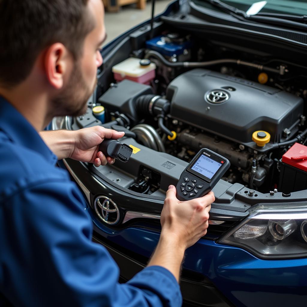 Mechanic using an OBD2 scanner to diagnose P0302 code on a Corolla.