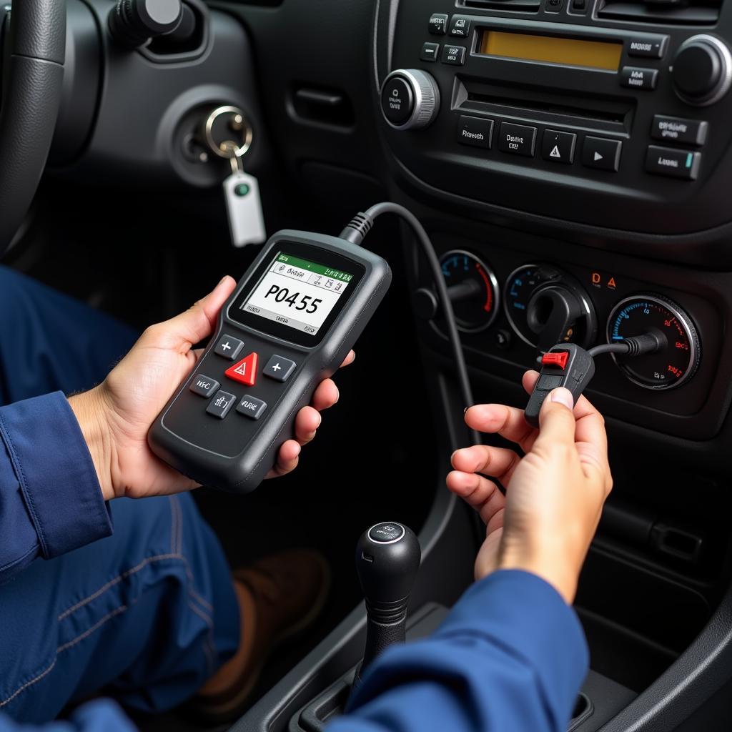 Mechanic using an OBD2 scanner to diagnose P0455 code