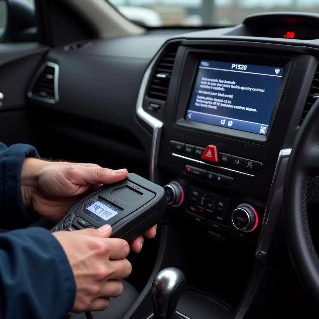 Mechanic using OBD2 scanner to diagnose P1520 code