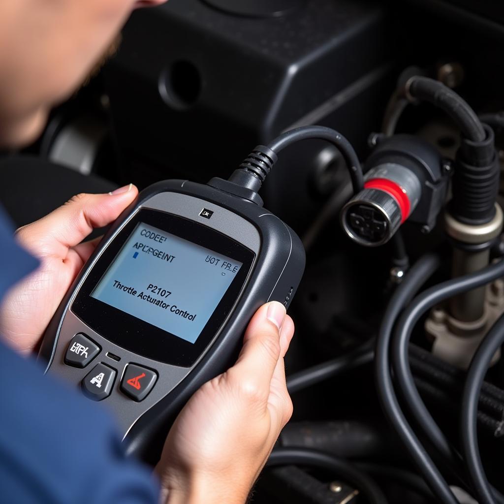 Mechanic Using OBD2 Scanner to Diagnose Code P2107