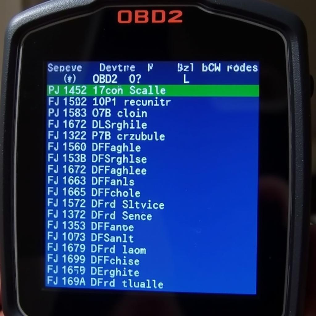 OBD2 scanner displaying a list of codes