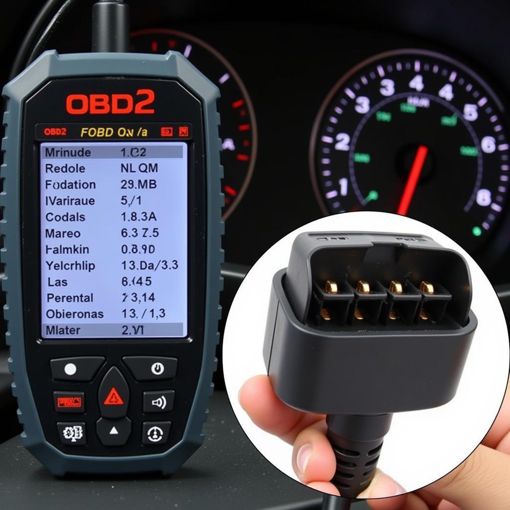 OBD2 scanner displaying live data on screen