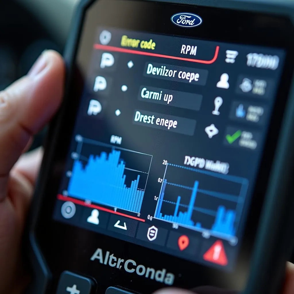 Close-up image of an OBD2 scanner displaying diagnostic information