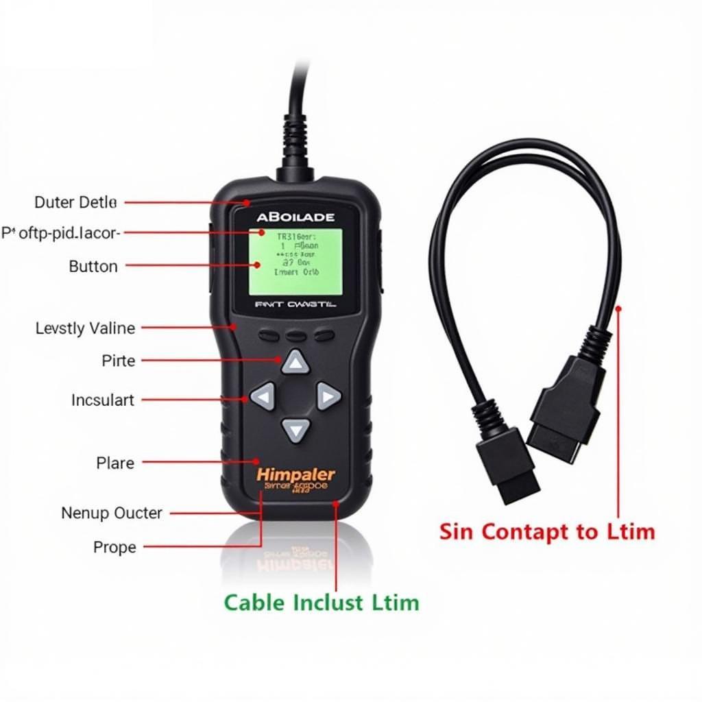 Close-up of an OBD2 scanner with key features highlighted