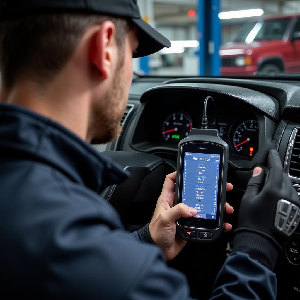 Mechanic Using OBD2 Scanner for Car Diagnostics