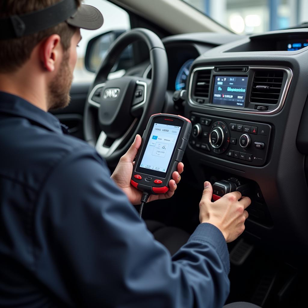 Mechanic using OBD2 scanner to diagnose car problems