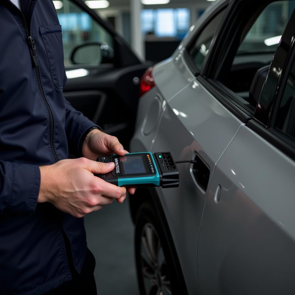 Mechanic using OBD2 scanner on a car