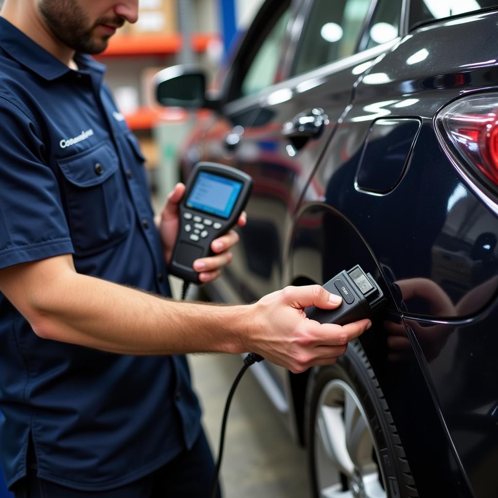 Mechanic Using OBD2 Scanner on a Car