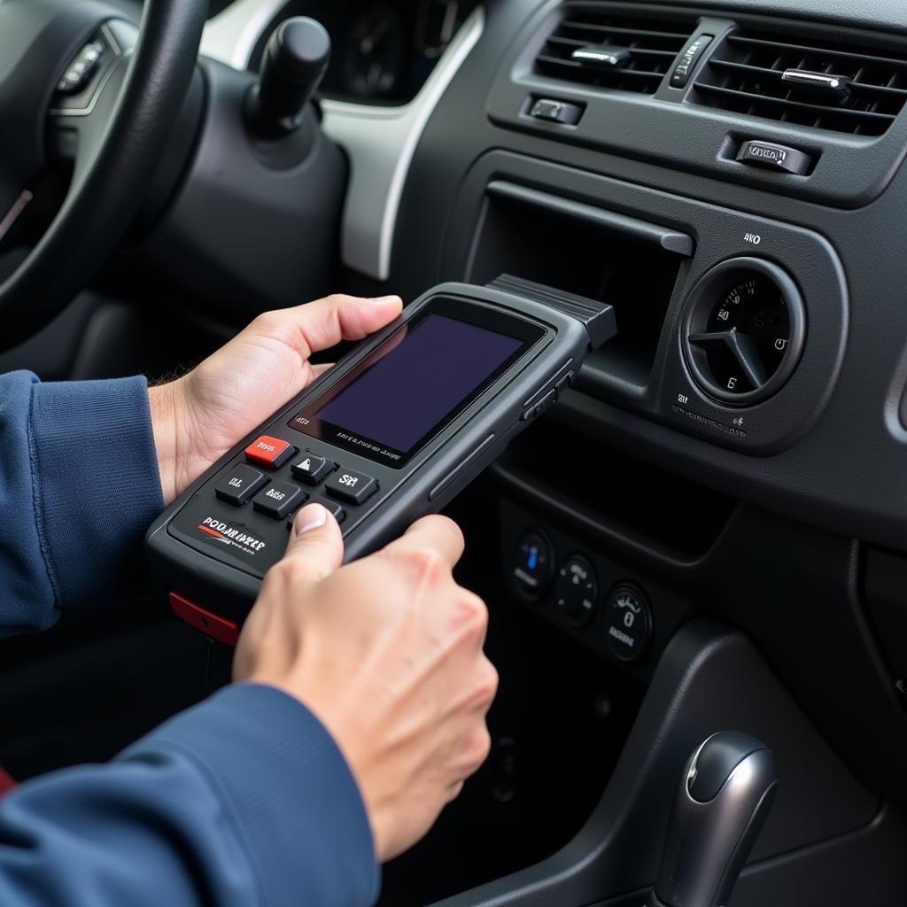 Mechanic Using OBD2 Scanner on Car