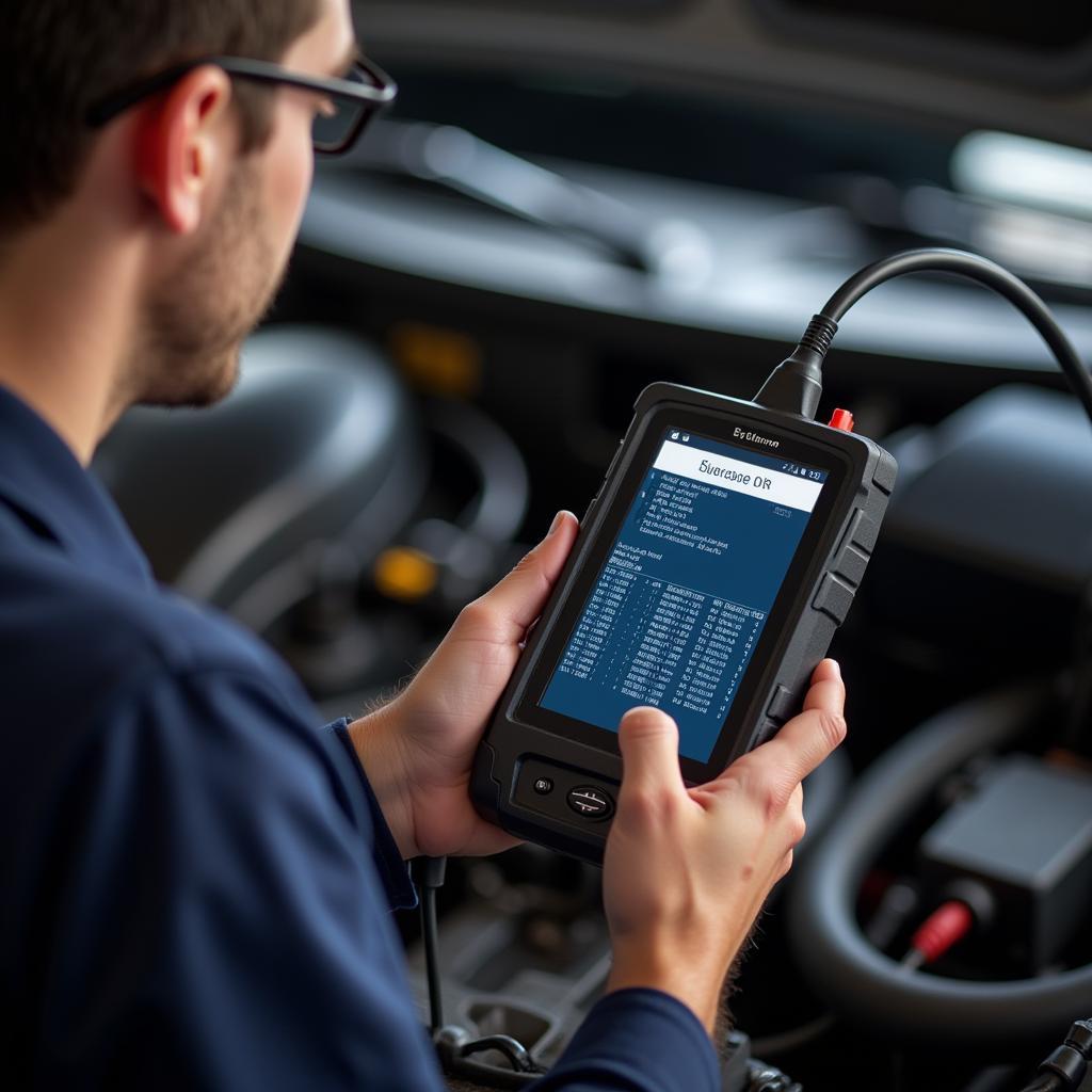 Mechanic using an OBD2 scanner on a car