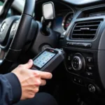 Mechanic using an OBD2 scanner on a car