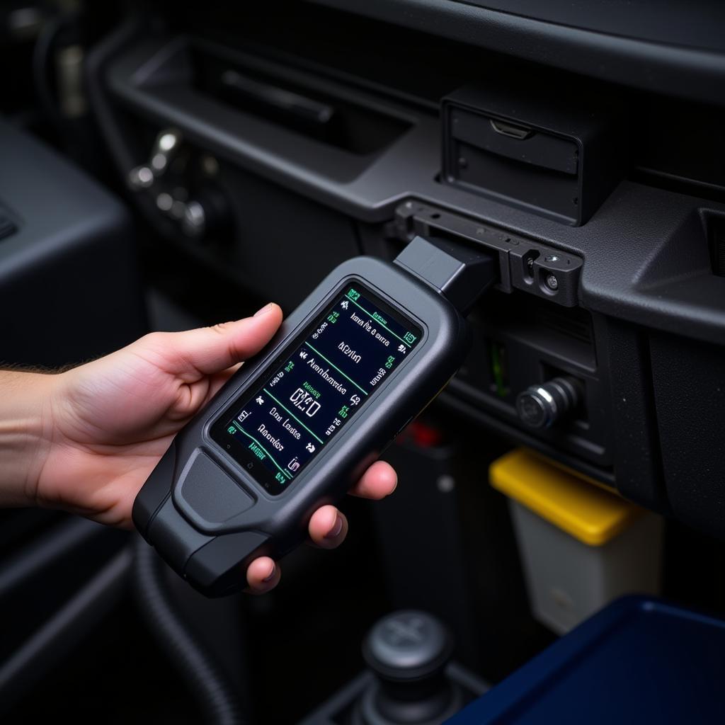 A mechanic using an OBD2 scanner on a car to diagnose engine issues.