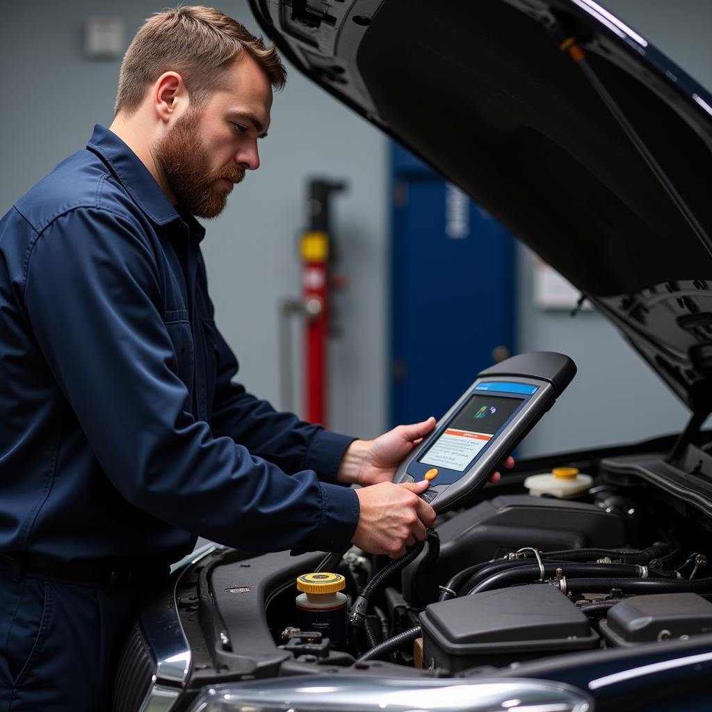 Mechanic Using an OBD2 Scanner on a Car