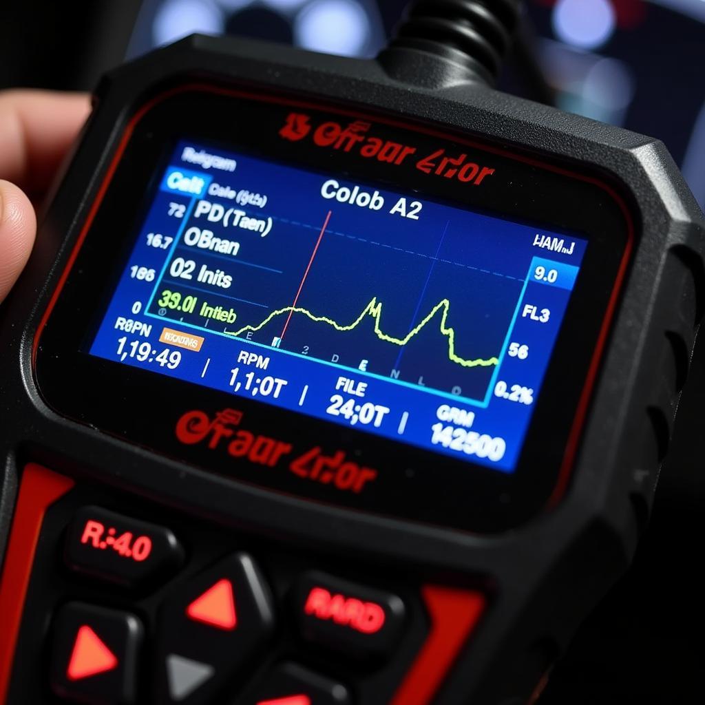 Close-up of an OBD2 scanner kit displaying live data