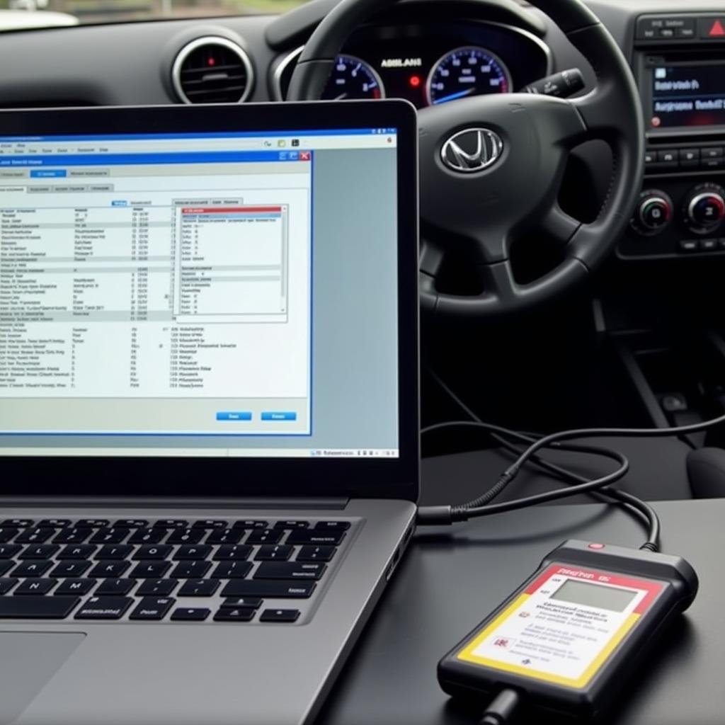 Laptop Connected to Car via OBD2 Scanner