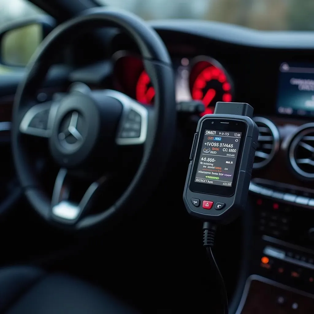 OBD2 Scanner Connected to a Mercedes Benz Dashboard