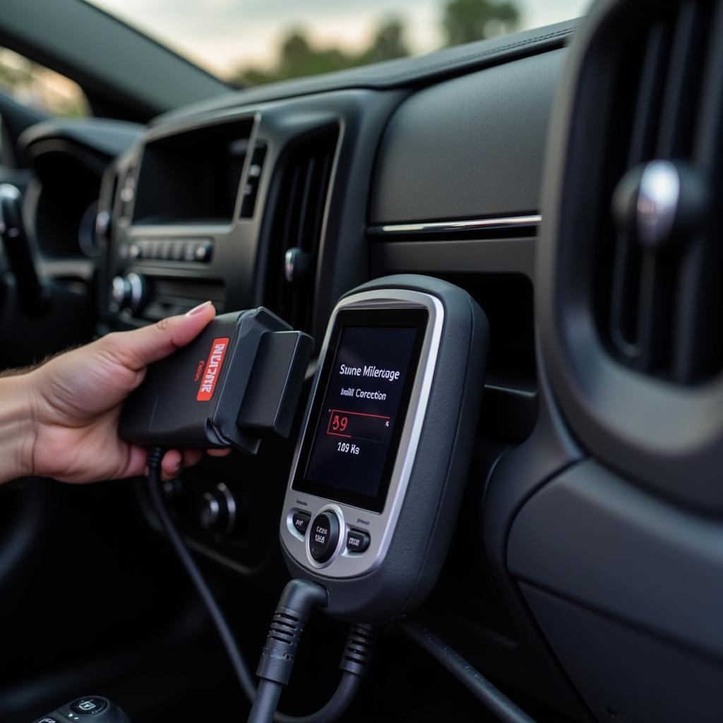 OBD2 Scanner plugged into a Chrysler dashboard for mileage correction