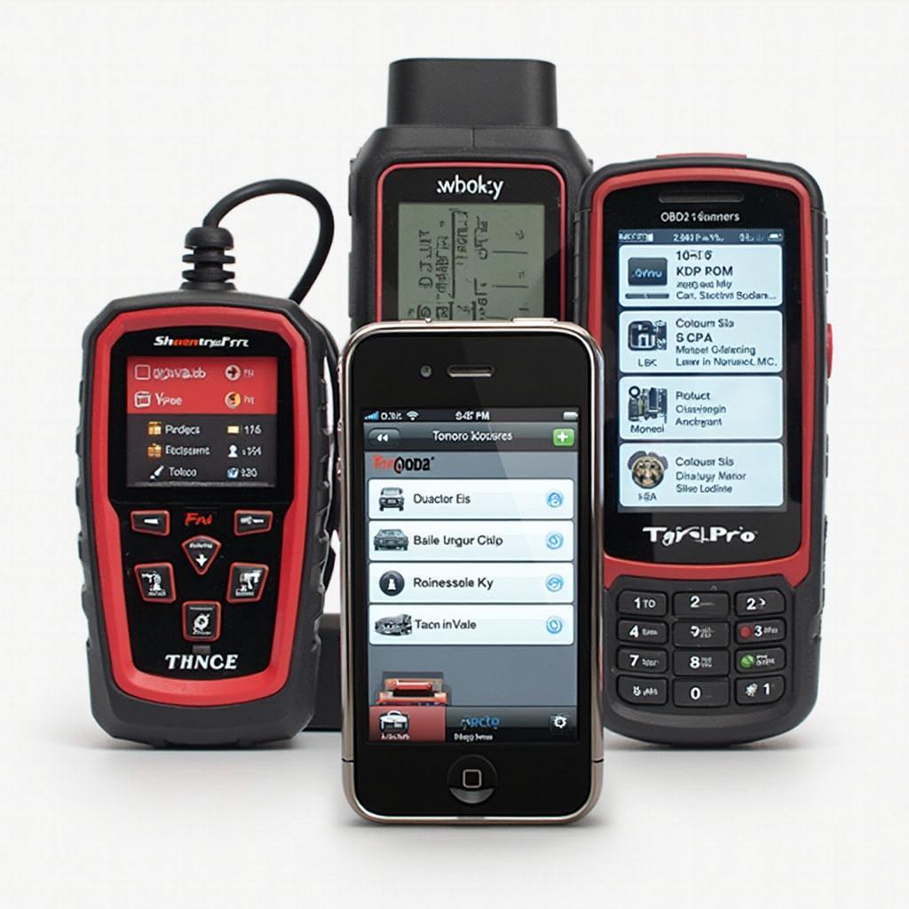 Various OBD2 scanners and a smartphone with a diagnostic app