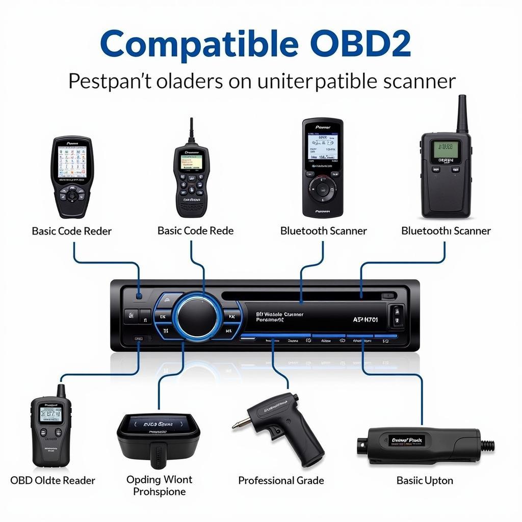 Various OBD2 scanners displayed next to the AVH-4200NEX unit.