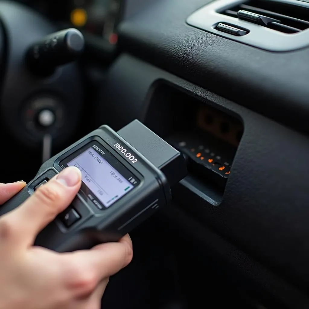 Mechanic connecting an OBD2 scanner to a car's port