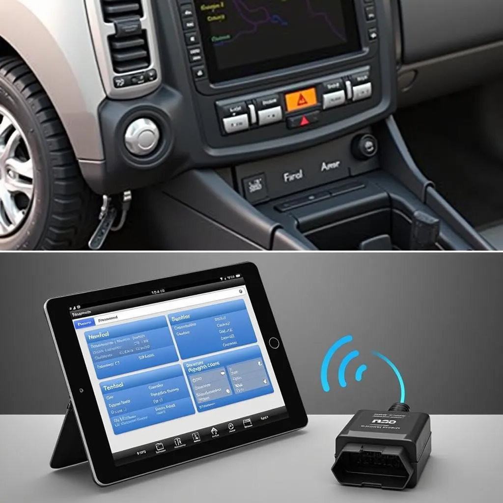 OBD2 scanner plugged into car dashboard and wirelessly connected to an iPad