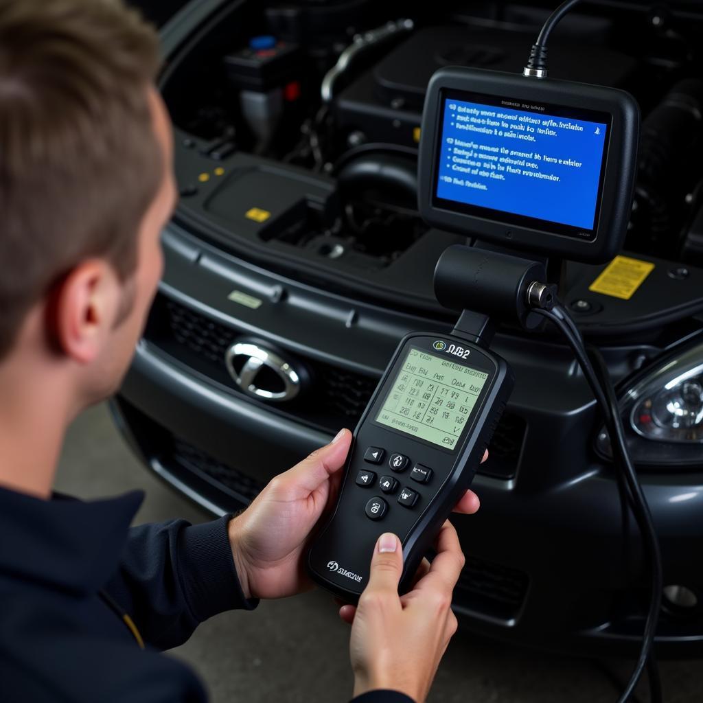 Mechanic using an OBD2 scanner to read fault codes