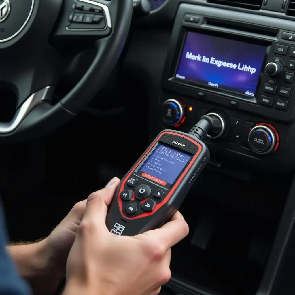 Mechanic using an OBD2 scanner to reset the check engine light on a car