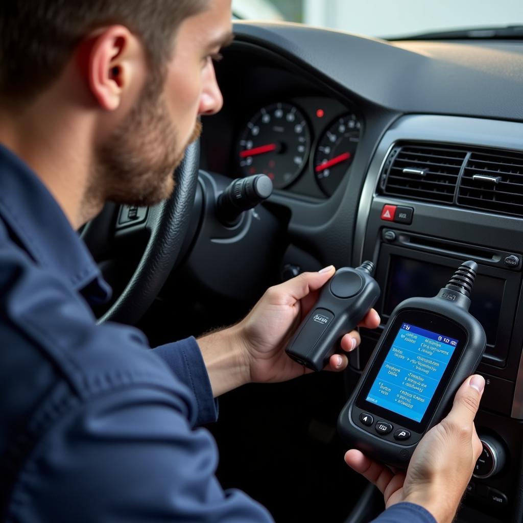 OBD2 scanner plugged into a car's OBD2 port to diagnose rough idle